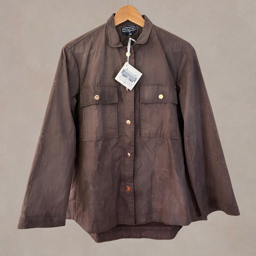 Duffield Lane Courtney Jacket Brown Cotton Waxed Utility Coat Gold Buttons Small